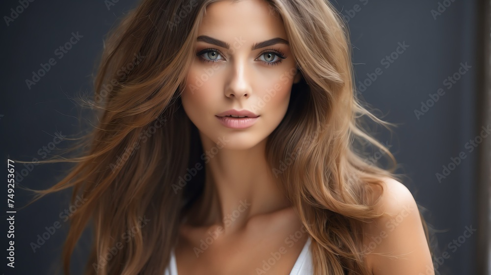 Attractive french model woman with straight flying hair and light make up with long eye lashes from Generative AI