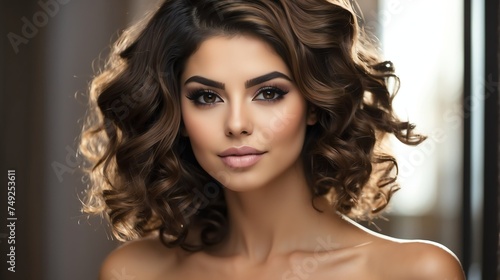 Attractive brown haired hispanic woman with modern, trendy and elegant hairstyle and light make up with long eye lashes from Generative AI