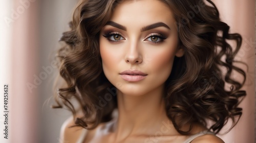 Attractive brown haired russian woman with modern, trendy and elegant hairstyle and light make up with long eye lashes from Generative AI