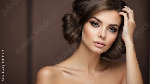 Attractive brown haired russian woman with modern, trendy and elegant hairstyle and light make up with long eye lashes from Generative AI