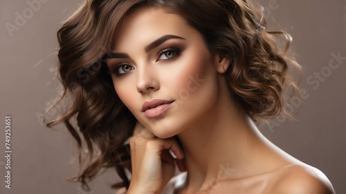 Attractive brown haired woman with modern, trendy and elegant hairstyle and light make up with long eye lashes from Generative AI