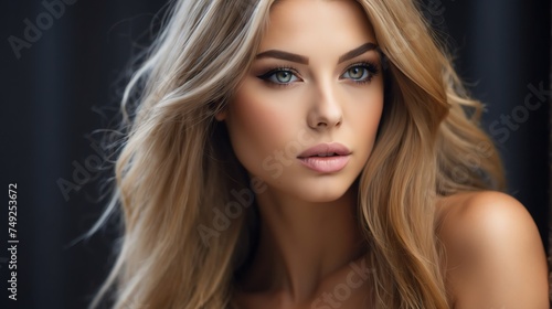 Attractive caucasian model woman with straight flying hair and light make up with long eye lashes from Generative AI