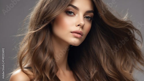 Attractive french model woman with straight flying hair and light make up with long eye lashes from Generative AI
