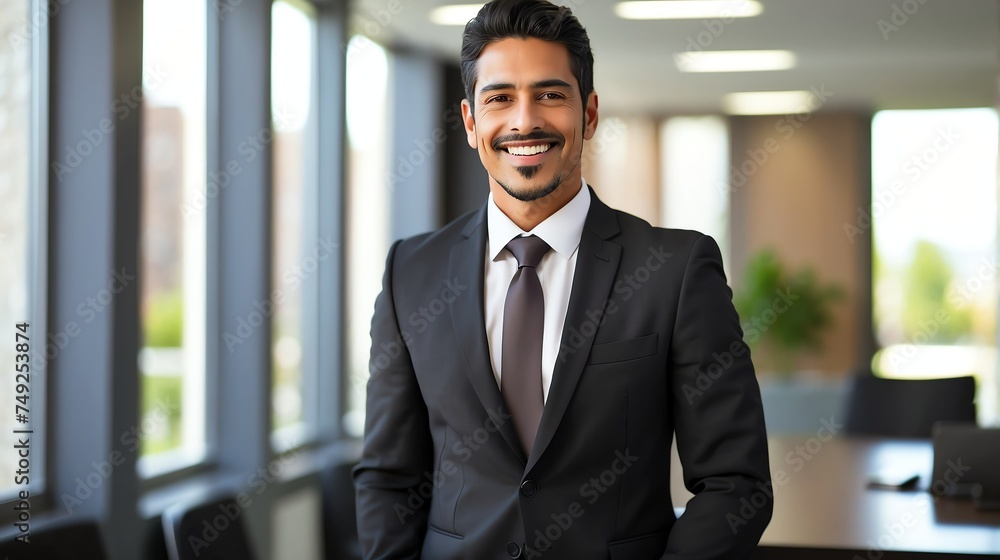 Happy employee business hispanic man corporate lawyer with formal suit in office background looking at camera from Generative AI Happy employee business hispanic man corporate lawyer with formal suit in office background looking at camera from Generative AI