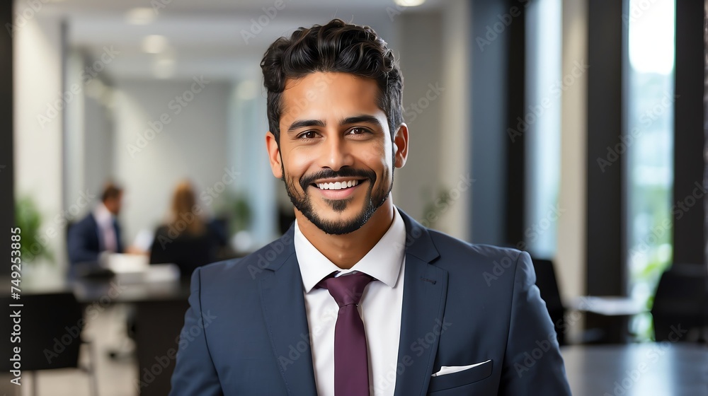 Happy employee business hispanic man corporate lawyer with formal suit in office background looking at camera from Generative AI Happy employee business hispanic man corporate lawyer with formal suit in office background looking at camera from Generative AI
