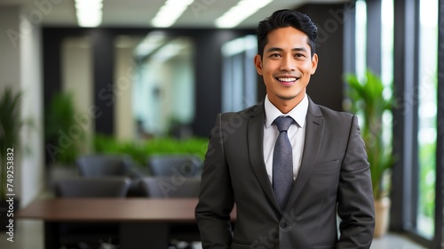 Happy employee business filipino man corporate lawyer with formal suit in office background looking at camera from Generative AI