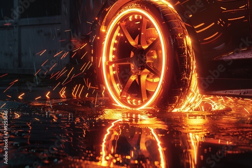 Ethereal Velocity: Neon Wheel of High-Performance Supercar Drifts Amidst Warm Cinematic Glow