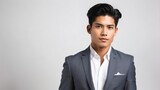 Stylish handsome attractive charming young filipino man in suit and tie on plain white background from Generative AI