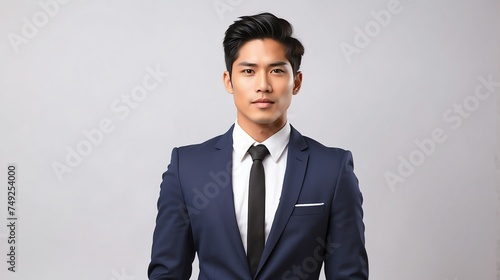 Stylish handsome attractive charming young filipino man in suit and tie on plain white background from Generative AI