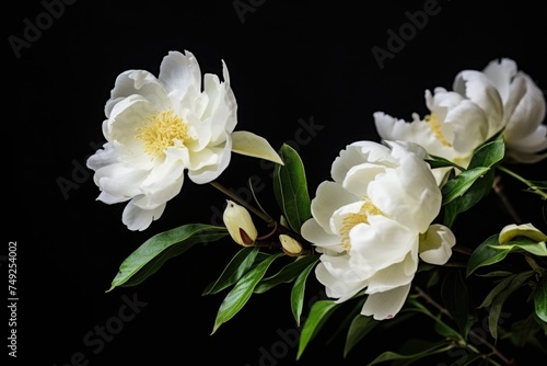 Fototapeta Naklejka Na Ścianę i Meble -  White Peonies Against Black. Lush white peonies with dark leaves against a deep black background, highlighting their elegance.
