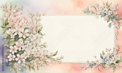 Greeting card. watercolor illustration of a large space for a note with colorful tiny jasmine flowers on a soft pastel background with a hint of floral pattern.