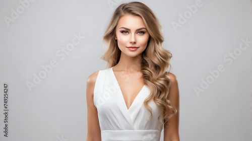 Stylish pretty attractive charming young russian woman in formal dress on plain white background from Generative AI