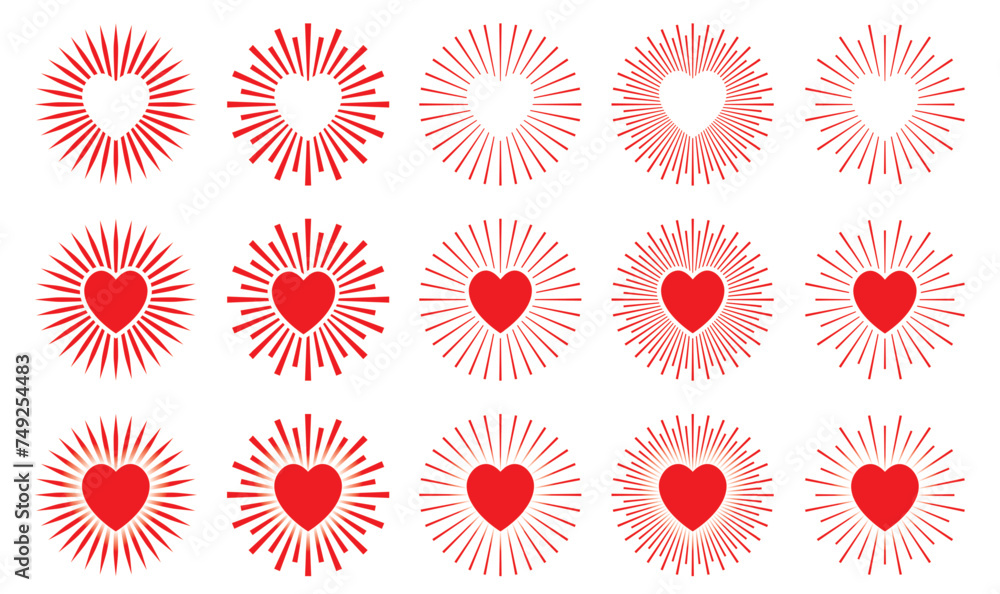 Collection of heart shapes on the background of sun rays