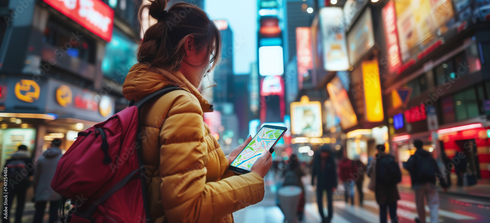 A tourist walking in Japan. Using gps location to get around the city. A tourist walking in Japan. Using gps location to get around the city.