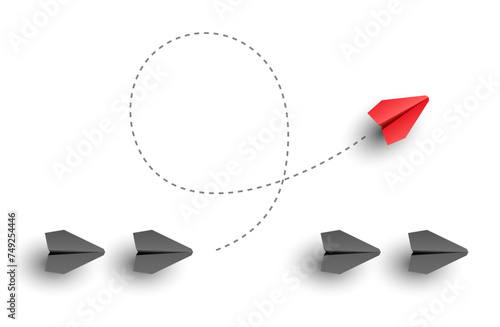 Individuality concept. Individual and unique leader red paper plane flies to side. Vector illustration