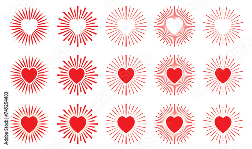 Collection of heart shapes on the background of sun rays