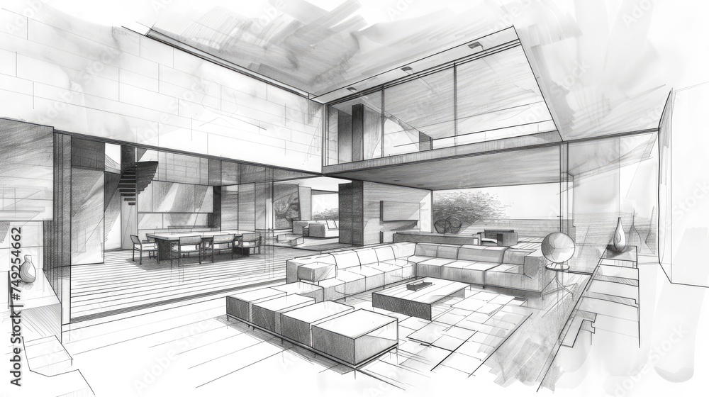 Obraz premium Modern house interior sketch. A simple drawing to imagine your future apartment. Generative ai