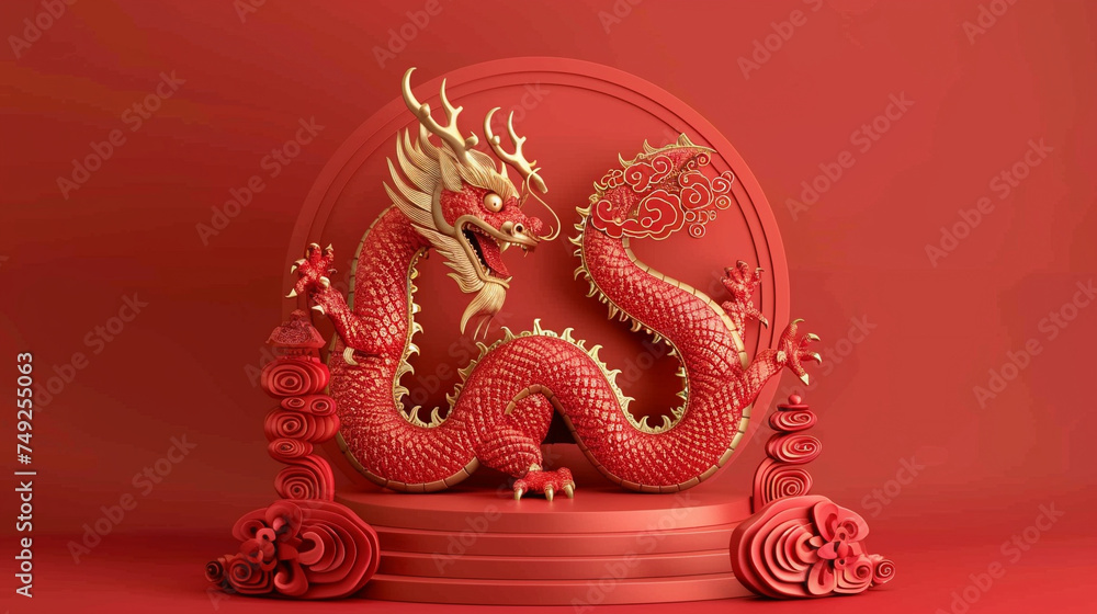 3d Podium round stage for happy Chinese new year 2024 Dragon Zodiac sign, on color background. Generative AI