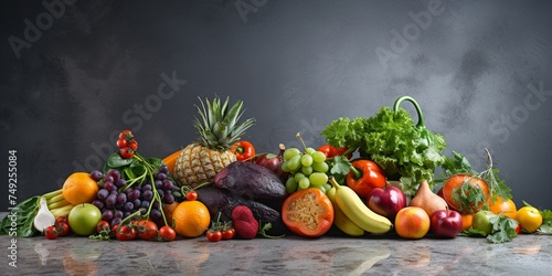 Fresh fruits and vegetables on gray background. Healthy food concept