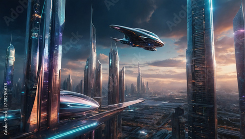 Futuristic cityscape with holographic skyscrapers and flying cars.