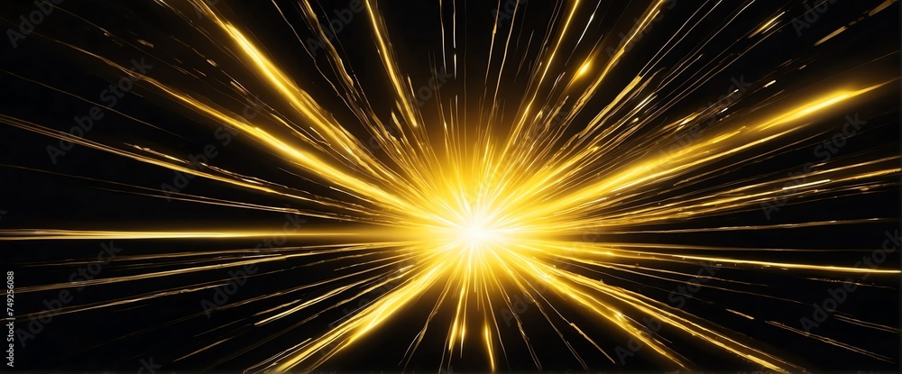 Wide angle panoramic view of abstract yellow flash of bright sparkling light rays on plain black background from Generative AI