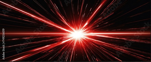 Wide angle panoramic view of abstract red flash of bright sparkling light rays on plain black background from Generative AI