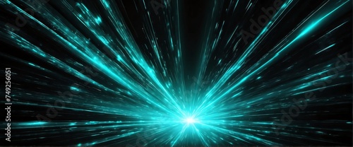 Wide angle panoramic view of abstract teal flash of bright sparkling light rays on plain black background from Generative AI