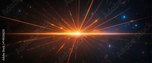 Wide angle panoramic view of orange laser light beam on dark space universe cosmos background from Generative AI