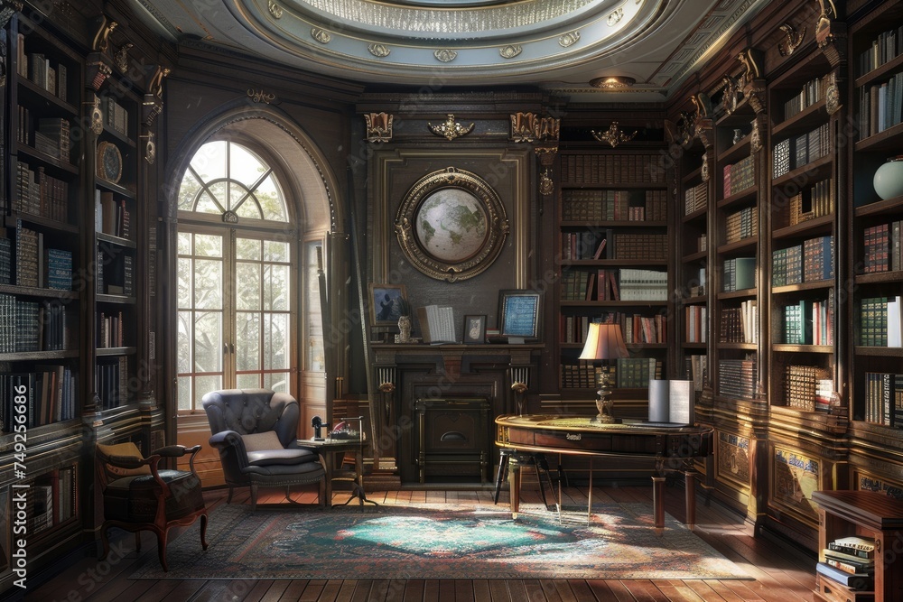 Obraz premium A modern library, but furnished in an old style, with wooden shelves and wood-effect furniture. Generative ai. Interior