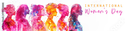 Happy international women's day concept,  8th March 2024 greeting card with text - Watercolor painting silhouette of beautiful women in their diversity, isolated on white background banner panorama © Corri Seizinger