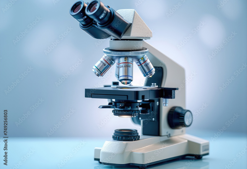 Fototapeta premium Close-up shot of microscopes on the clean background. Generative AI.