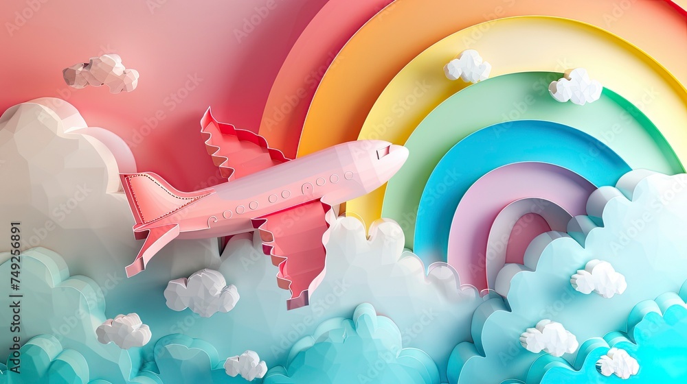 Plane cloud rainbow paper cut style - obrazy, fototapety, plakaty 