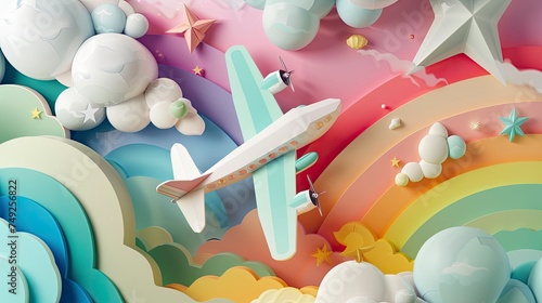 Plane cloud rainbow paper cut style
