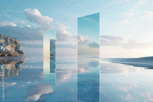 Surreal Oasis: Large Rectangular Mirror Adrift on Quiet Waters, Conjuring Minimalist and Photorealistic Scenes with Orientalist Landscapes and Abstract Surrealism