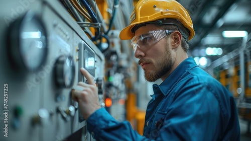 Electrical engineer stands with a sense of purpose in front of a control panel within a standard factory. Generative AI.