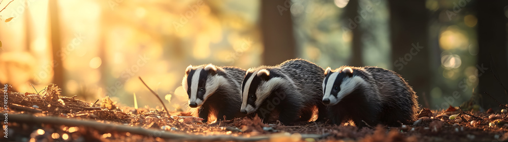 Badgers standing in the forest in the evening with setting sun shining. Group of wild animals in nature. Horizontal, banner. - obrazy, fototapety, plakaty 