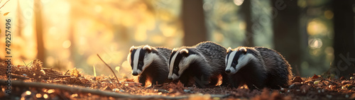 Badgers standing in the forest in the evening with setting sun shining. Group of wild animals in nature. Horizontal, banner.