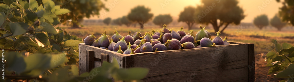 Figs harvested in a wooden box in a plantation with sunset. Natural organic fruit abundance. Agriculture, healthy and natural food concept. Horizontal composition, banner. - obrazy, fototapety, plakaty 