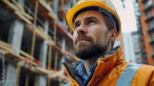 Construction engineer on construction site. low angle view. Generative AI.