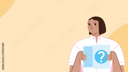 Fond pour présentation diaporama, infirmière en blouse blanche, secrétaire médicale avec des formulaires administratifs, illustration médicale pour communication interne dans les hôpitaux