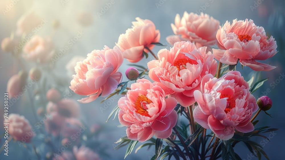 Beautiful peonies with a gray background.watercolor paint is hyper-detailed with a floral background Beautiful peonies with a gray background.watercolor paint is hyper-detailed with a floral background