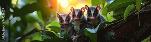 Sugar gliders in the forest with setting sun shining. Group of wild animals in nature. Horizontal, banner. © linda_vostrovska
