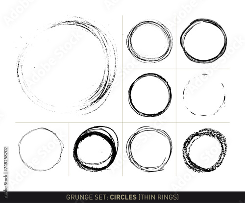 Grunge set: Drawn rings (thin scribbled and painted circles in black and white, vectorized)