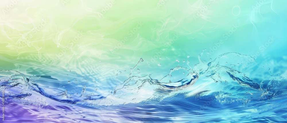 A watercolor painting of a body of water with a green and blue background