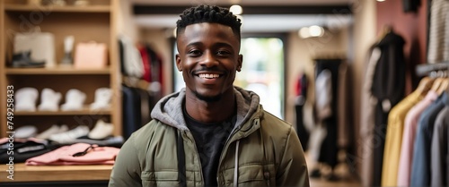 Small business owner young black african man at entrance of clothing store sales smiling looking at camera from Generative AI