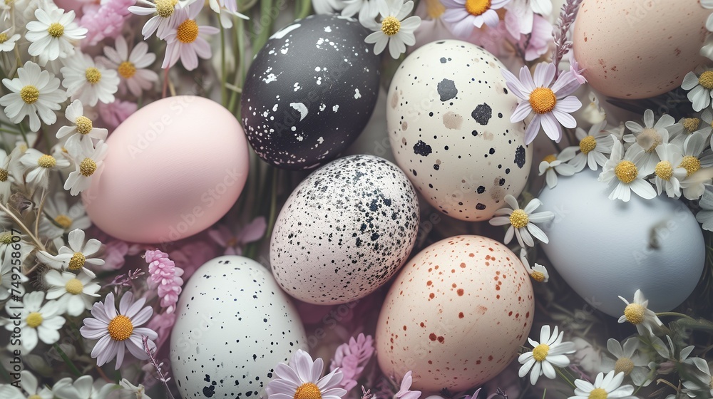 Painted and decorated Easter eggs on a background of flowers. Easter celebration concept.