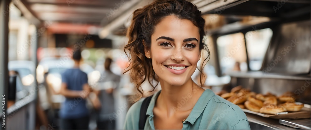 Small business owner young french woman at front of food truck smiling looking at camera from Generative AI