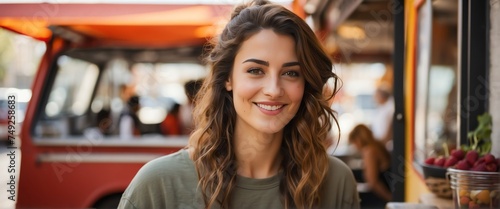 Small business owner young french woman at front of food truck smiling looking at camera from Generative AI © sevenSkies