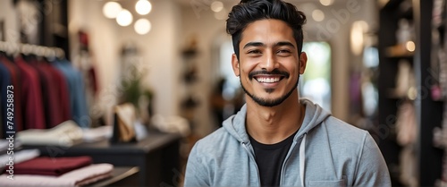 Small business owner young immigrant man at entrance of clothing store sales smiling looking at camera from Generative AI