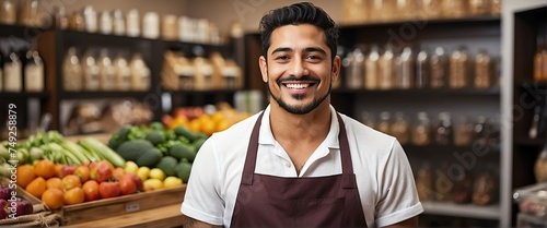 Small business owner young immigrant man at whole bulk food store smiling looking at camera from Generative AI